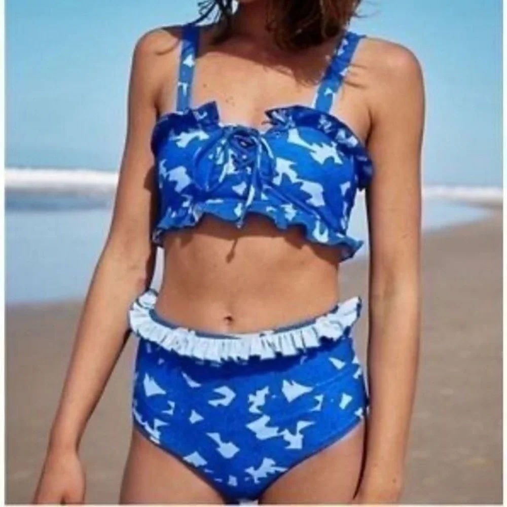 NWT‎ Free People Citrine High Waisted Ivy Blue Ruffle Bikini Bottoms S